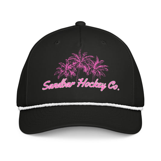 Black women’s hockey rope hat front view with pink palm tree Sandbar Hockey Co. logo and white rope detail.