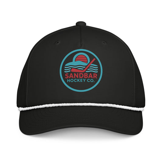 Black Sandbar Hockey Co. snapback rope hat front view with circular coastal hockey logo