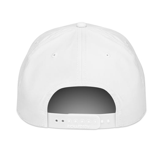White southern hockey rope hat back view showing snapback opening and solid white rear panels.