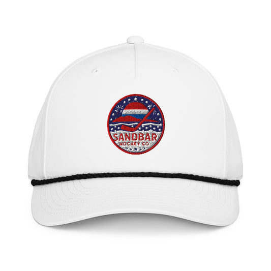 Sandbar Hockey USA embroidered rope snapback hat white front view