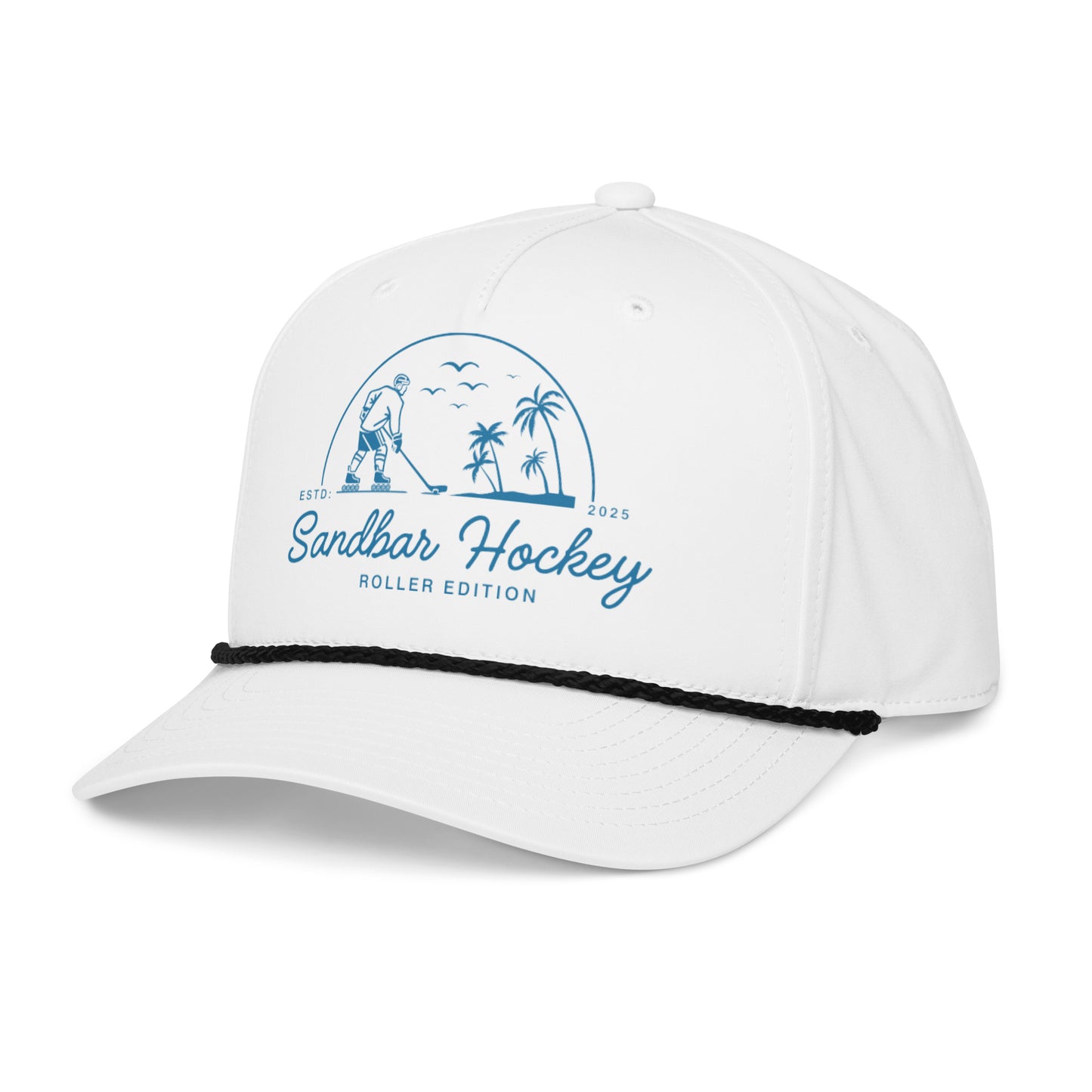 White roller hockey rope hat right front angle view with blue Sandbar Hockey Roller Edition logo, black rope detail, and curved brim.
