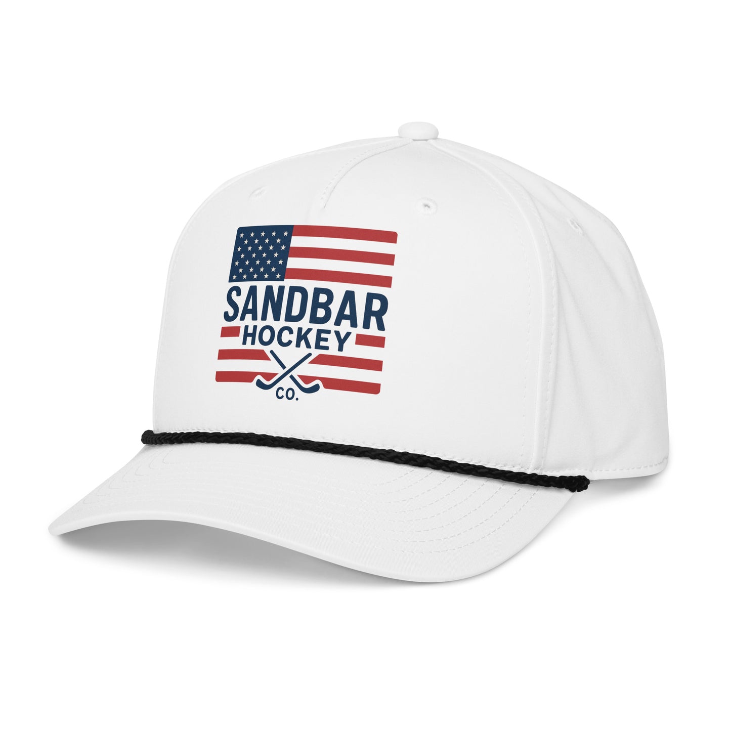 White USA hockey rope hat right front angle view with patriotic Sandbar Hockey Co. graphic, black rope detail, and curved brim.