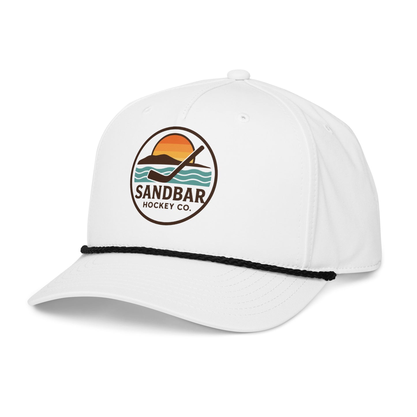 White hockey rope hat right front angle view with Sandbar Hockey Co. sunset puck logo, black rope detail, and curved brim.