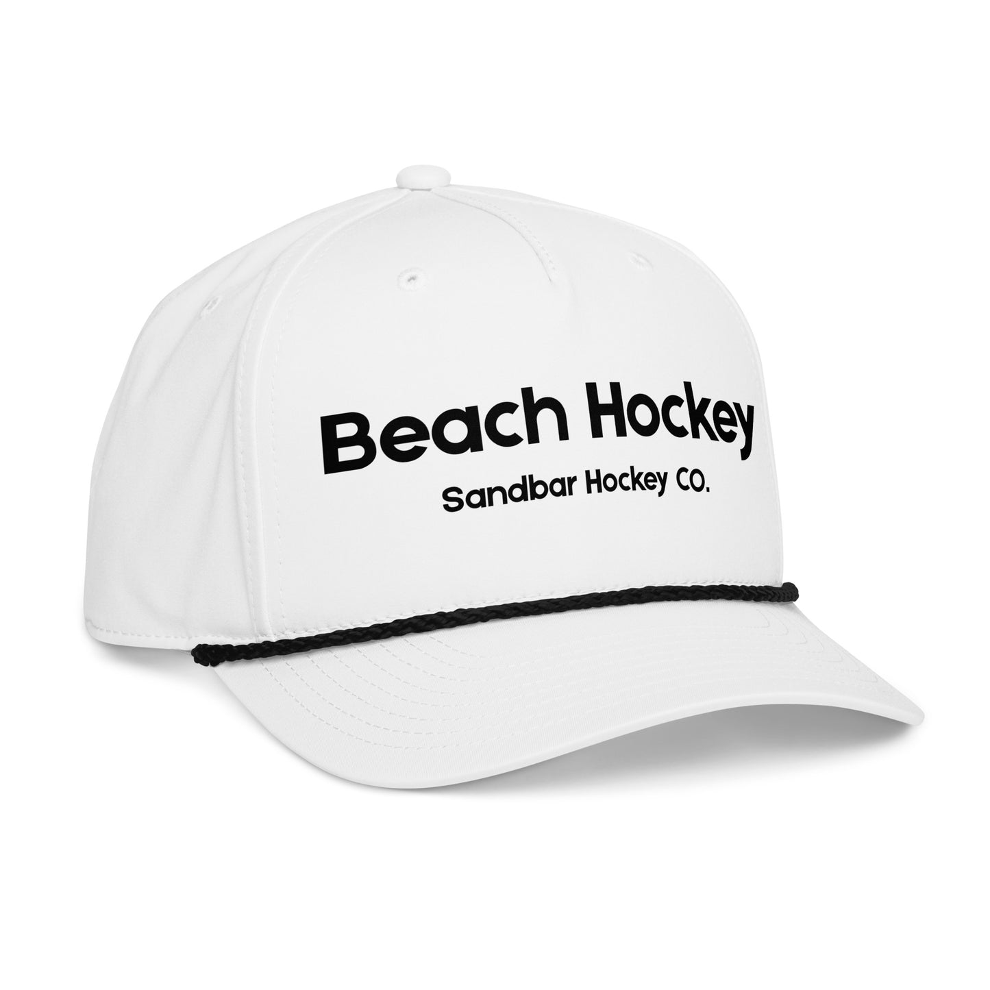White beach hockey rope hat right front angle view with Beach Hockey Sandbar Hockey Co. text and black rope detail.