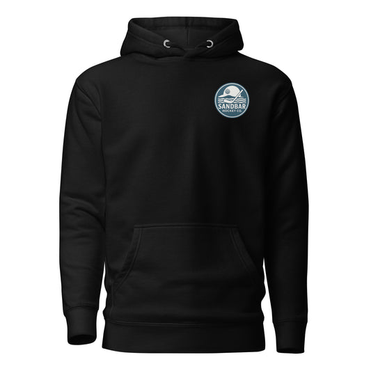Black Fort Myers Sandbar Hockey hoodie front view with small circular Sandbar Hockey Co. chest logo showing waves, sunset, and a hockey stick