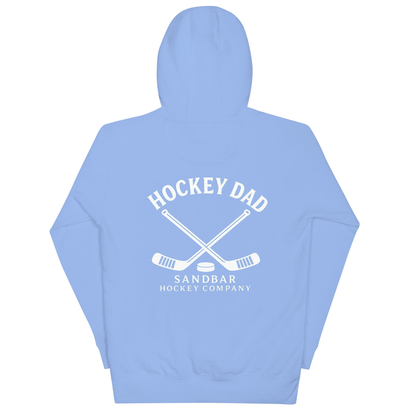 Light blue hockey dad hoodie back view with Hockey Dad Sandbar Hockey Company graphic, crossed hockey sticks, and puck.