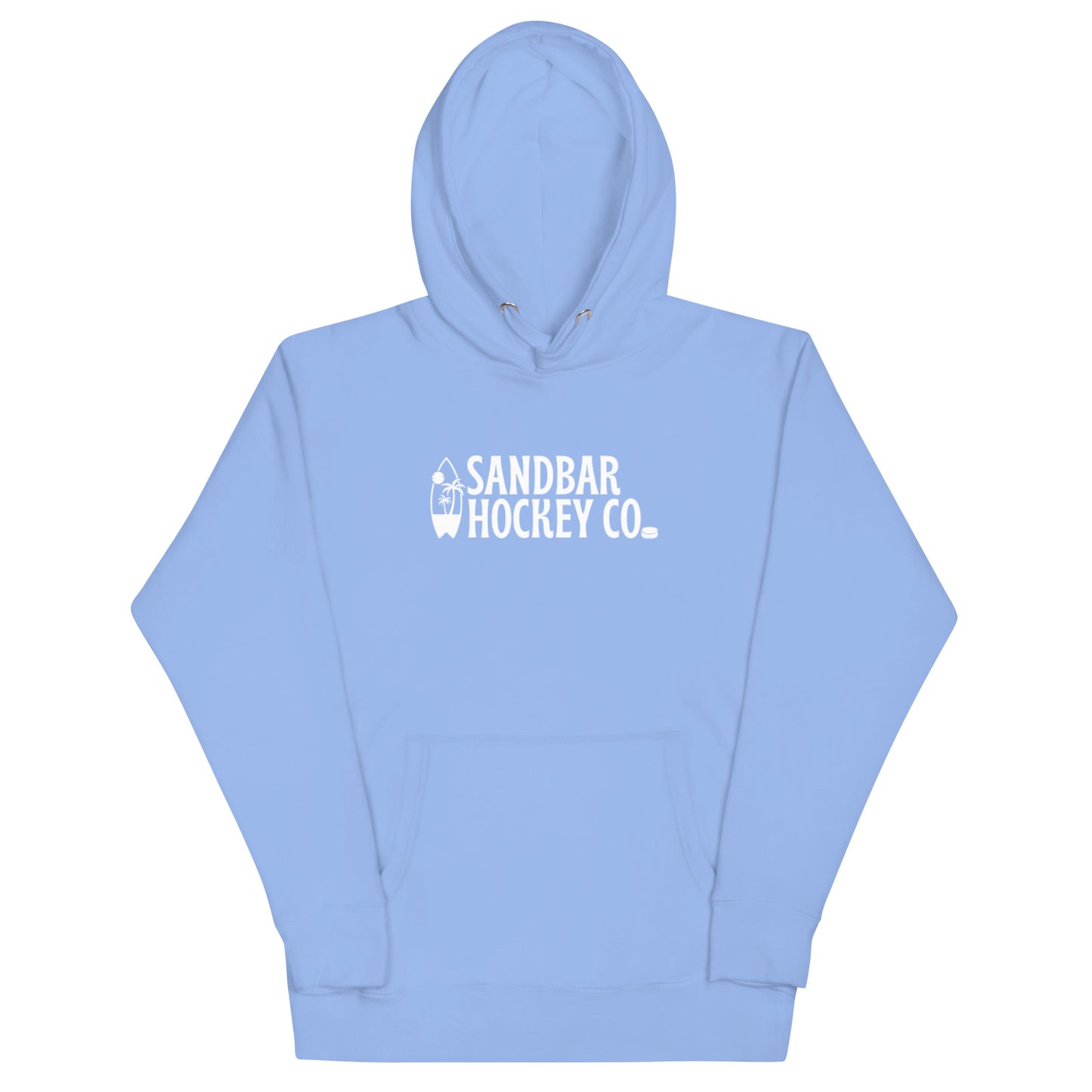 Carolina blue Surfside Hockey Hoodie with white Sandbar Hockey Co. surfboard front logo