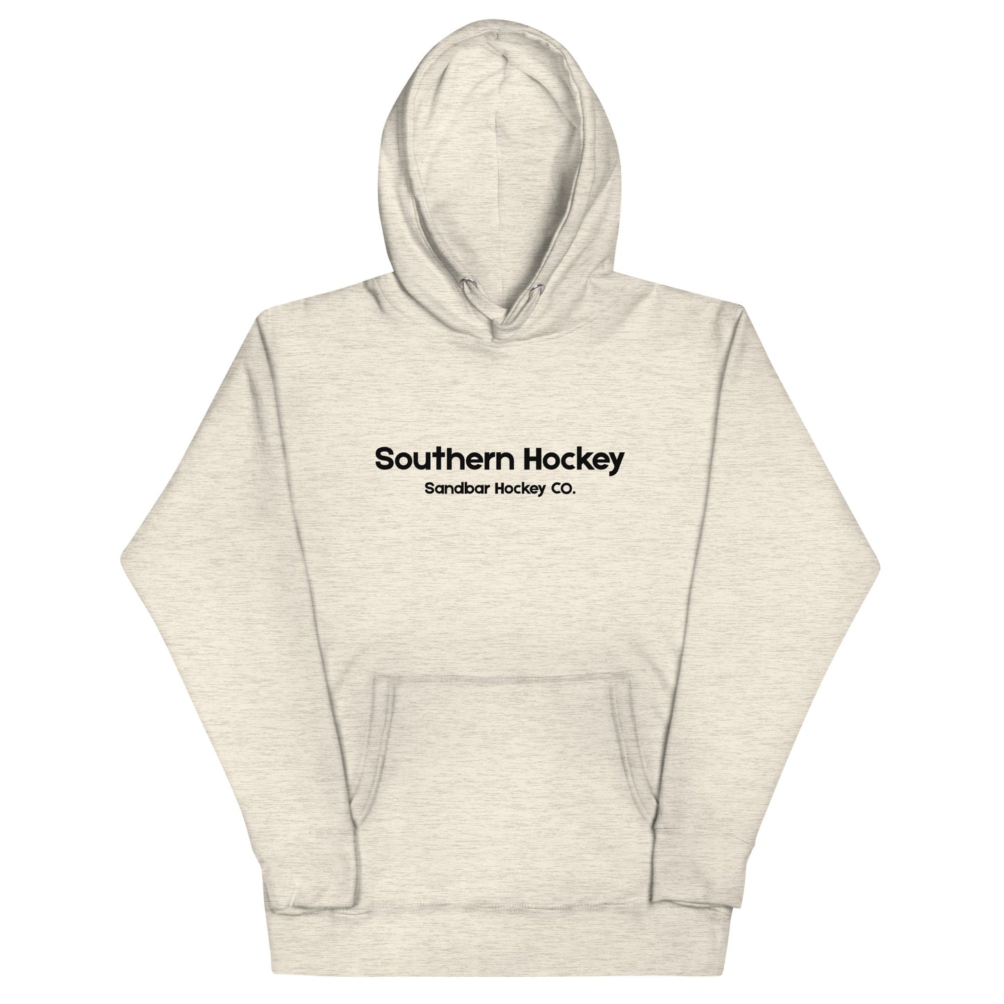 Sand southern hockey hoodie front view with Southern Hockey Sandbar Hockey Co. text on the chest.
