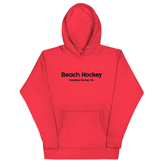 Red beach hockey hoodie front view with Beach Hockey Sandbar Hockey Co. text on the chest.