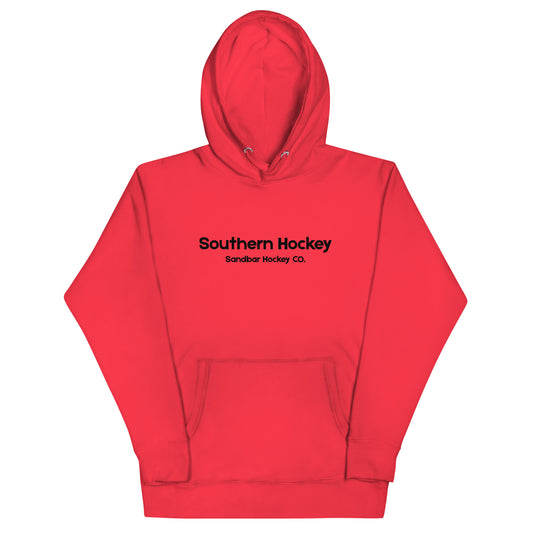 Red southern hockey hoodie front view with Southern Hockey Sandbar Hockey Co. text on the chest.