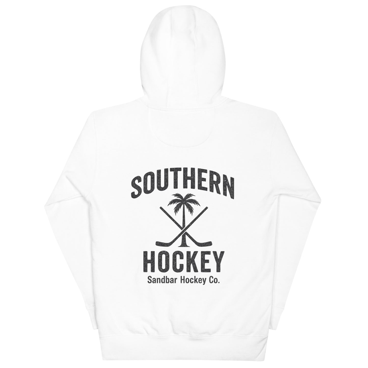 White hockey hoodie back side with Southern Hockey palm tree and crossed sticks graphic