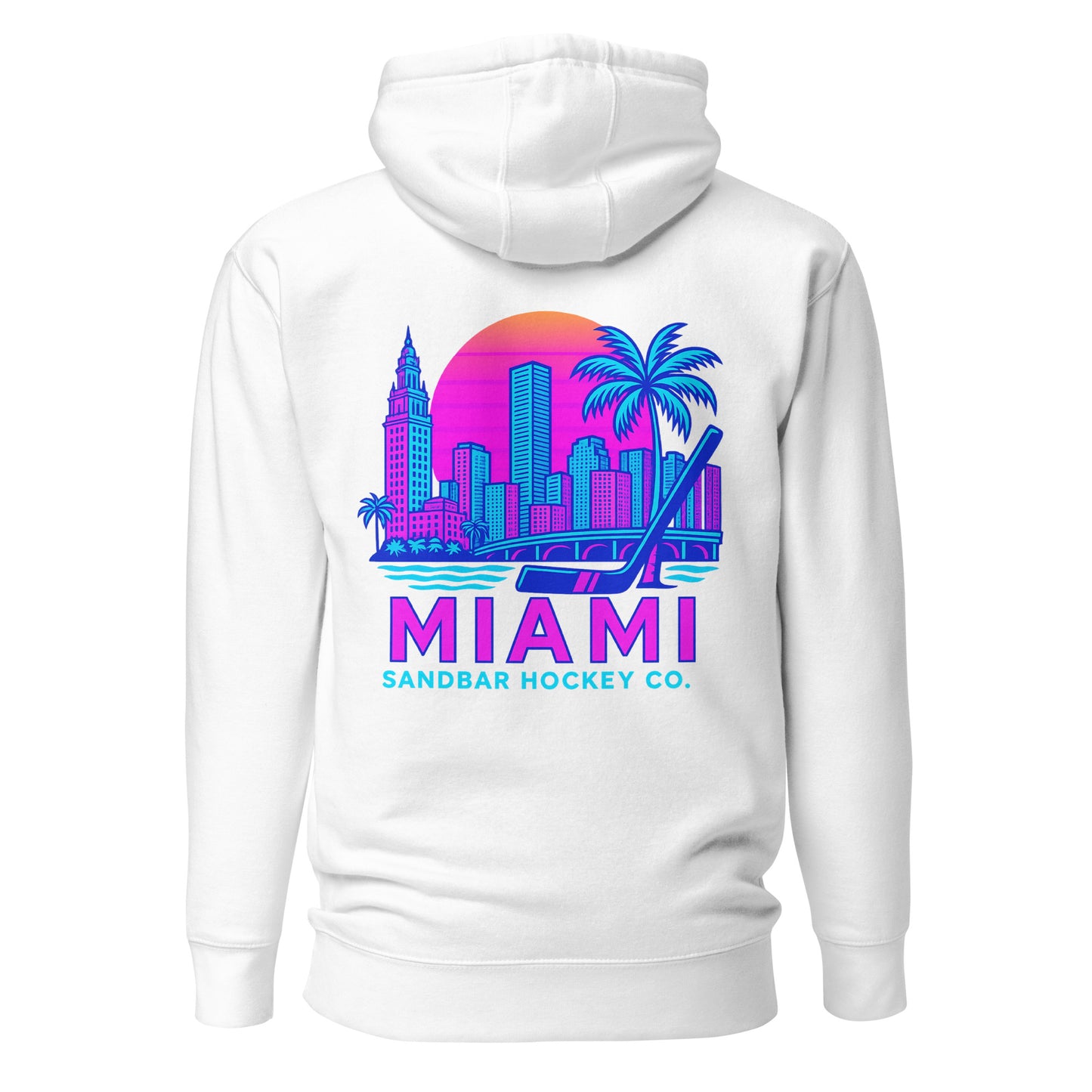 White Miami Sandbar Hockey hoodie back view with large neon Miami skyline graphic, palm trees, hockey stick, and Miami Sandbar Hockey Co. text