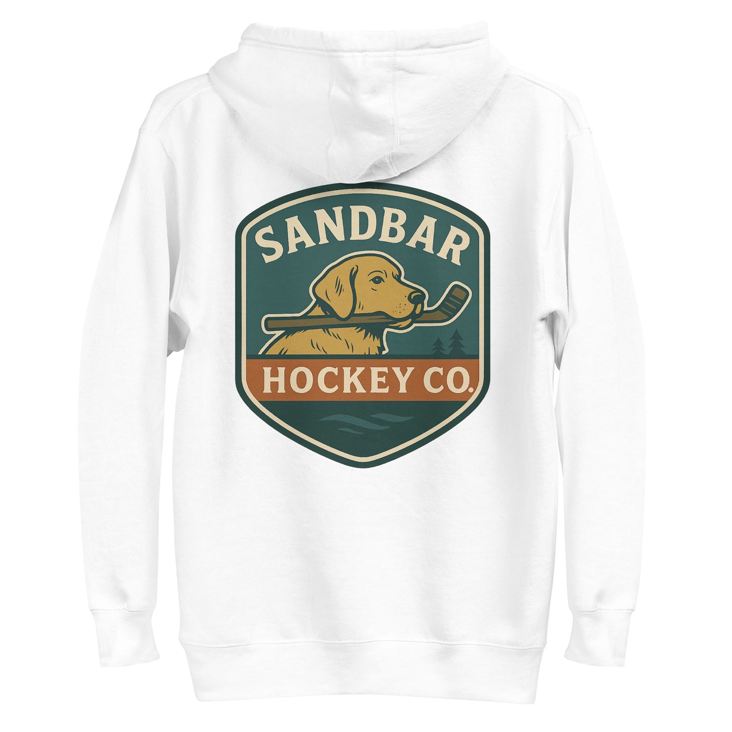 White hockey dog hoodie with a large Sandbar Hockey Co. dog shield graphic on the back
