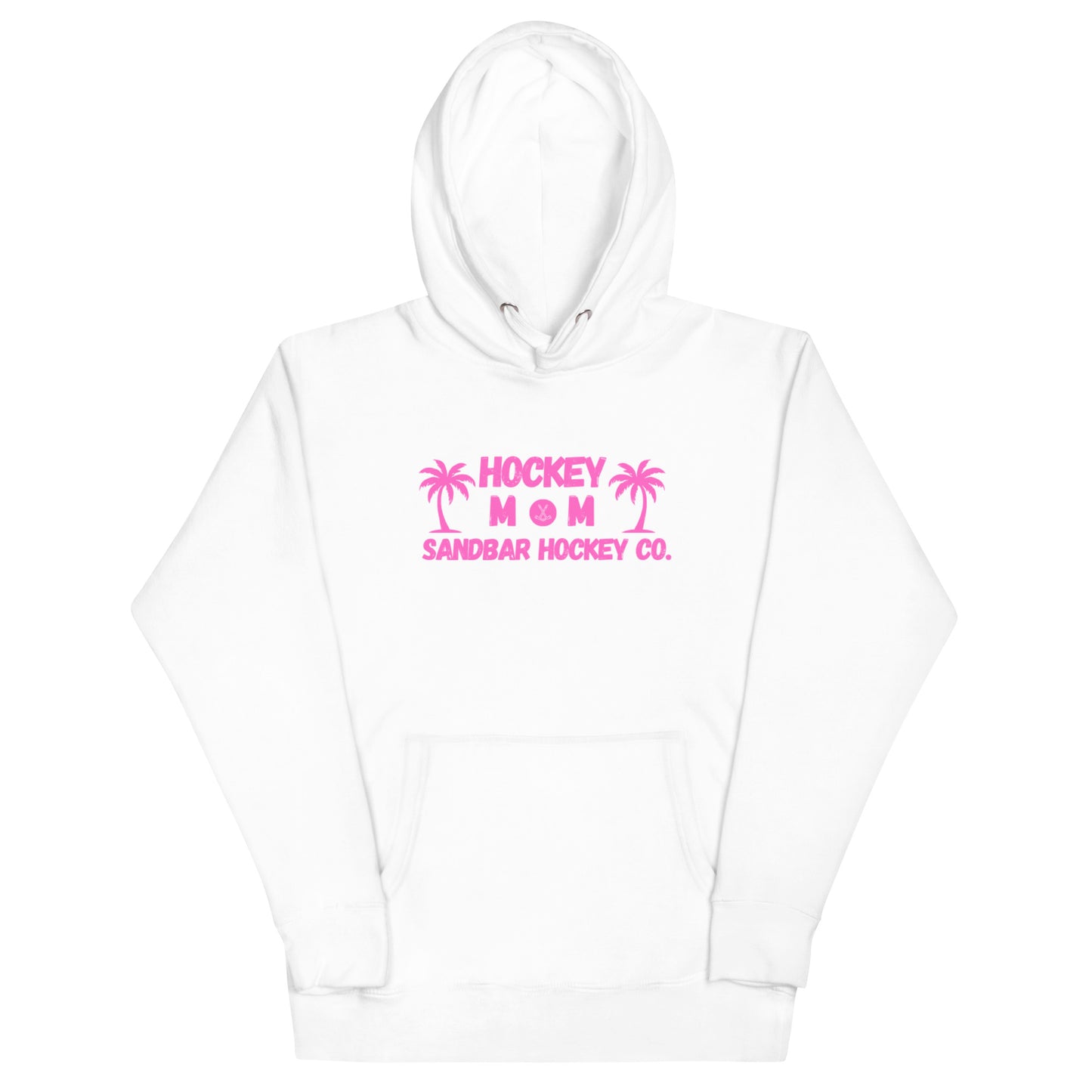 White hockey mom hoodie front view with pink Hockey Mom Sandbar Hockey Co. graphic on the chest.