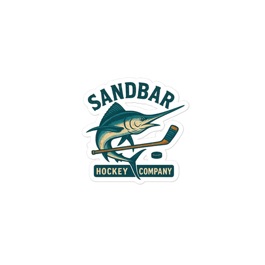 Small Sandbar Hockey Company sticker featuring a marlin fish with a hockey stick and puck and the words Sandbar Hockey Company.