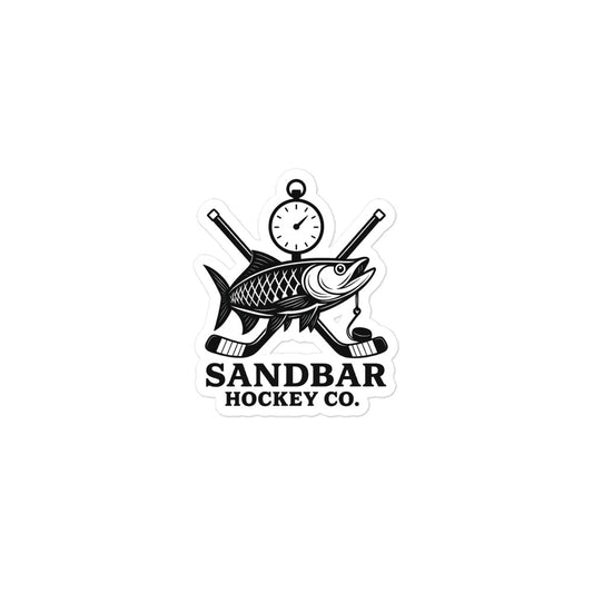 Small Sandbar Hockey Co. sticker with a fish logo, crossed hockey sticks, a puck, a stopwatch, and the words Sandbar Hockey Co.