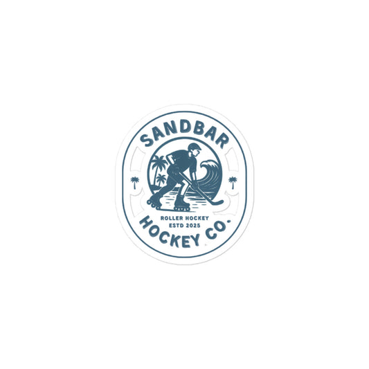 Small Sandbar Hockey Co. roller hockey sticker with a circular logo featuring a roller hockey player, palm trees, ocean wave, and the words Sandbar Hockey Co.