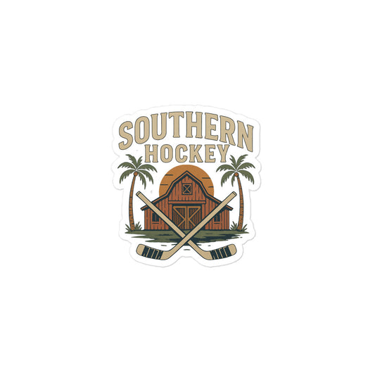 Small Southern Hockey sticker with bold text, crossed hockey sticks, palm trees, sunset, and a barn-inspired design.
