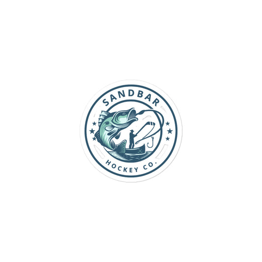 Small Sandbar Hockey Co. fishing sticker with a circular logo featuring a large fish, fisherman in a boat, fishing line, and stars.
