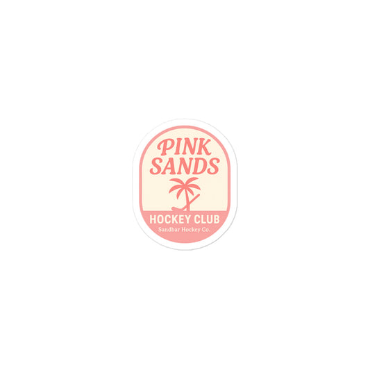 Small Pink Sands Hockey Club sticker with pink lettering, palm tree design, and Sandbar Hockey Co. text.