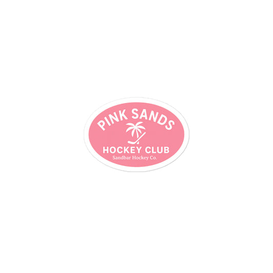 Small Pink Sands Hockey Club sticker with a pink oval logo, white lettering, palm tree, hockey stick, and Sandbar Hockey Co. text.