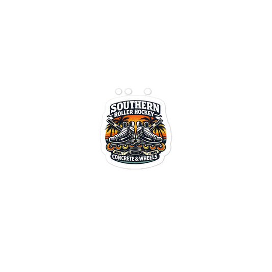 Small Southern Roller Hockey sticker with inline skates, crossed hockey sticks, a puck, palm trees, and a sunset background reading Concrete & Wheels.