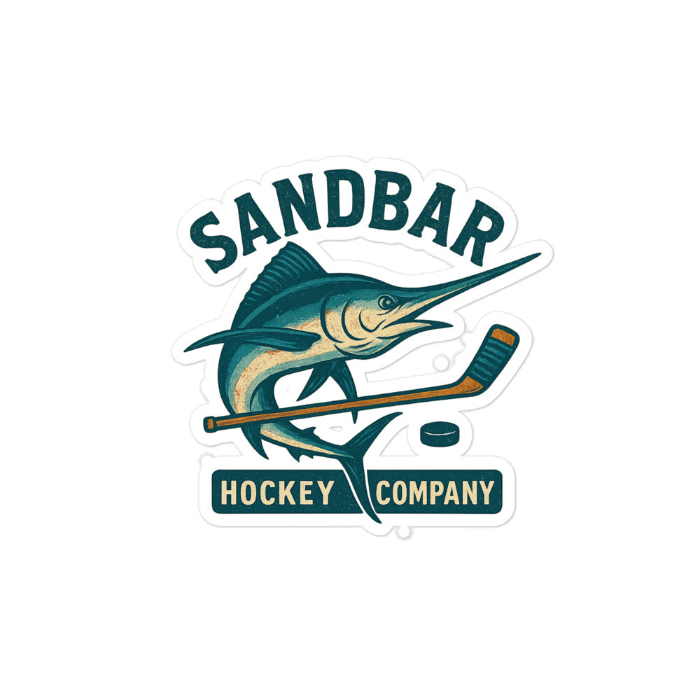 Medium Sandbar Hockey Company sticker featuring a marlin fish with a hockey stick and puck and the words Sandbar Hockey Company.