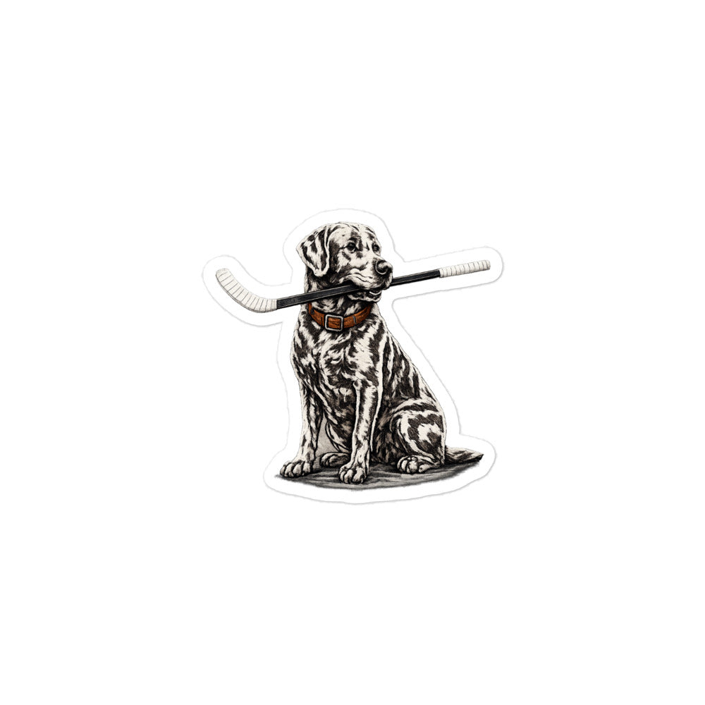 Medium Hockey dog sticker featuring a detailed dog sitting with a hockey stick in its mouth.