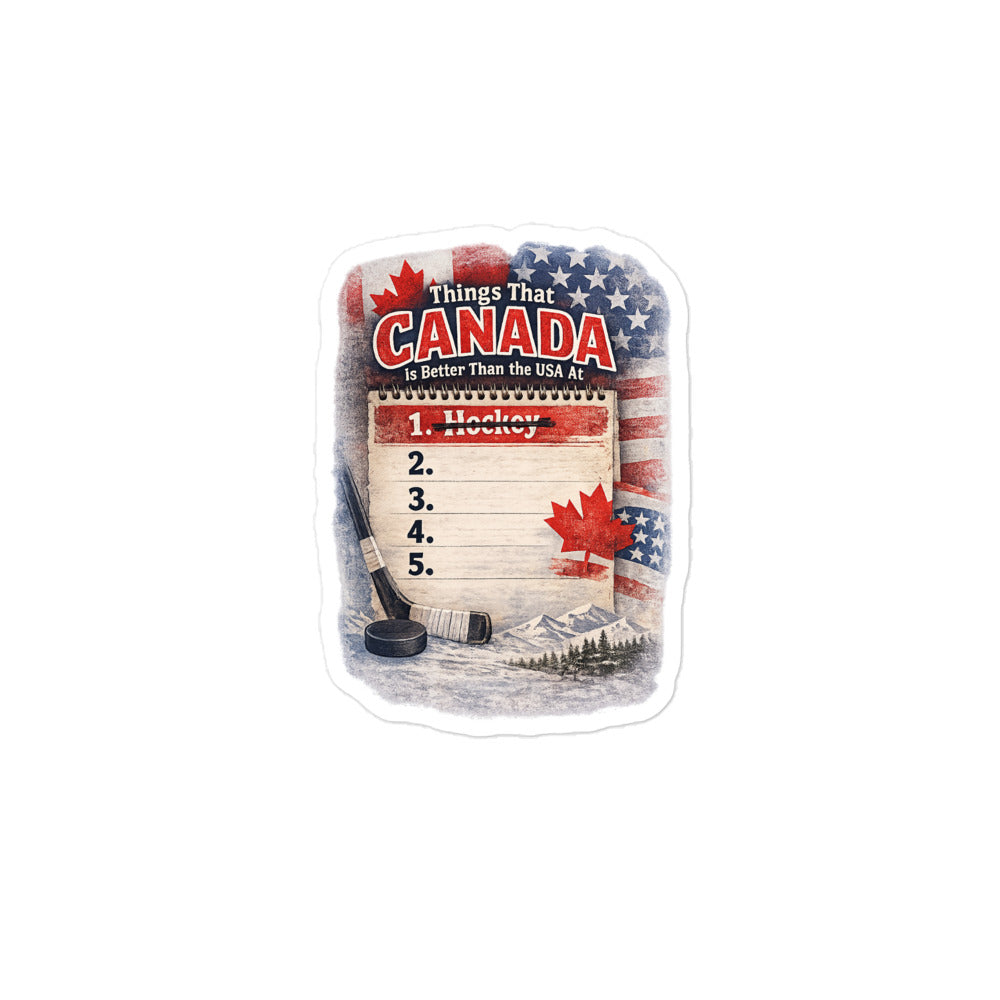 Medium Funny Canada hockey sticker with a notepad design, hockey stick and puck, maple leaf, and patriotic flag background.