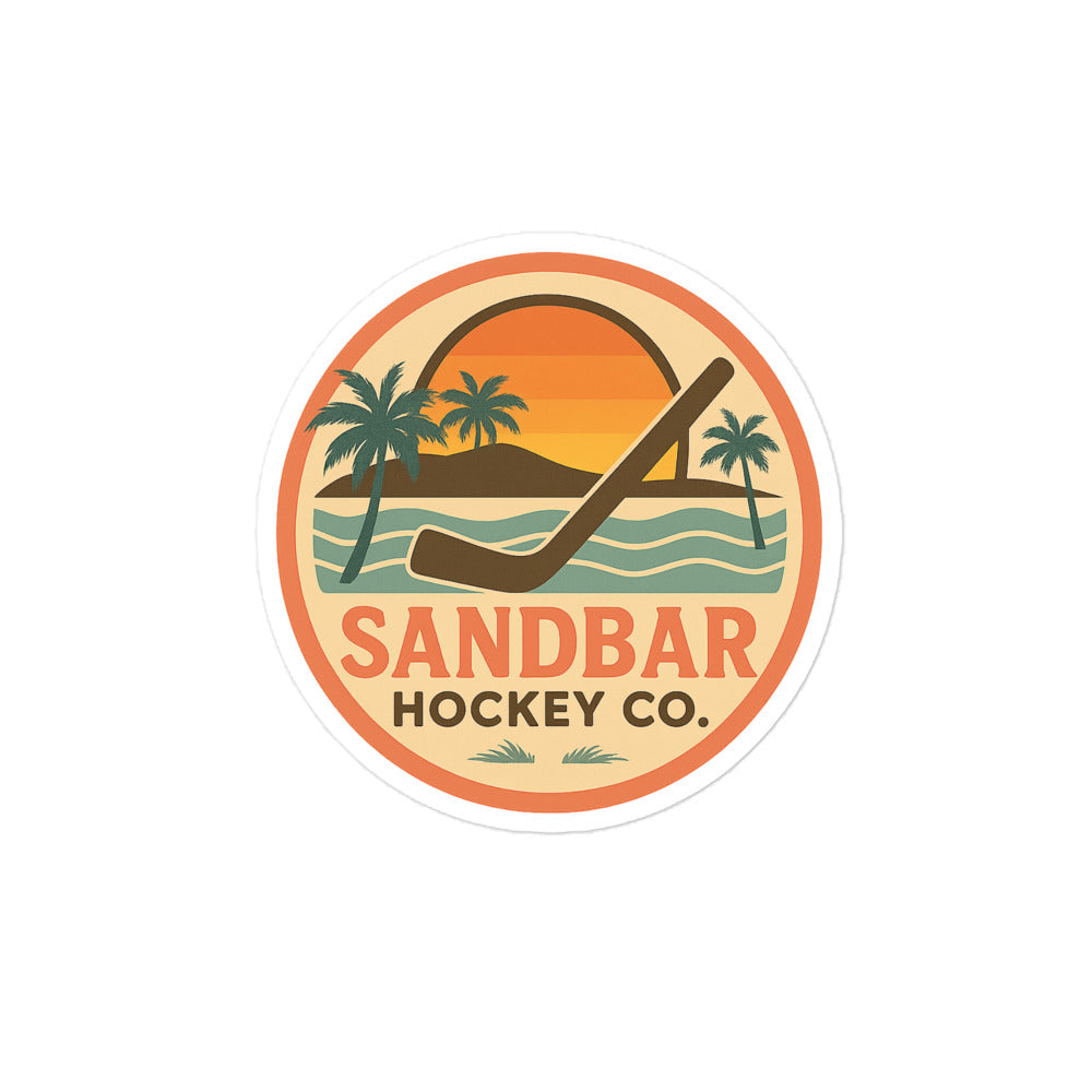 Medium Sandbar Hockey Co. sticker with a circular sunset beach design, palm trees, ocean waves, and a large hockey stick.
