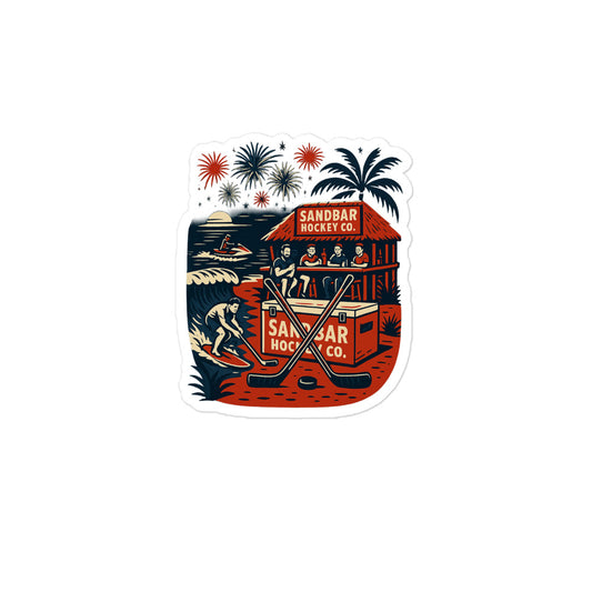 Medium Sandbar Hockey Co. sticker featuring a tropical beach bar scene with crossed hockey sticks, a puck, palm trees, fireworks, ocean waves, and coastal details.