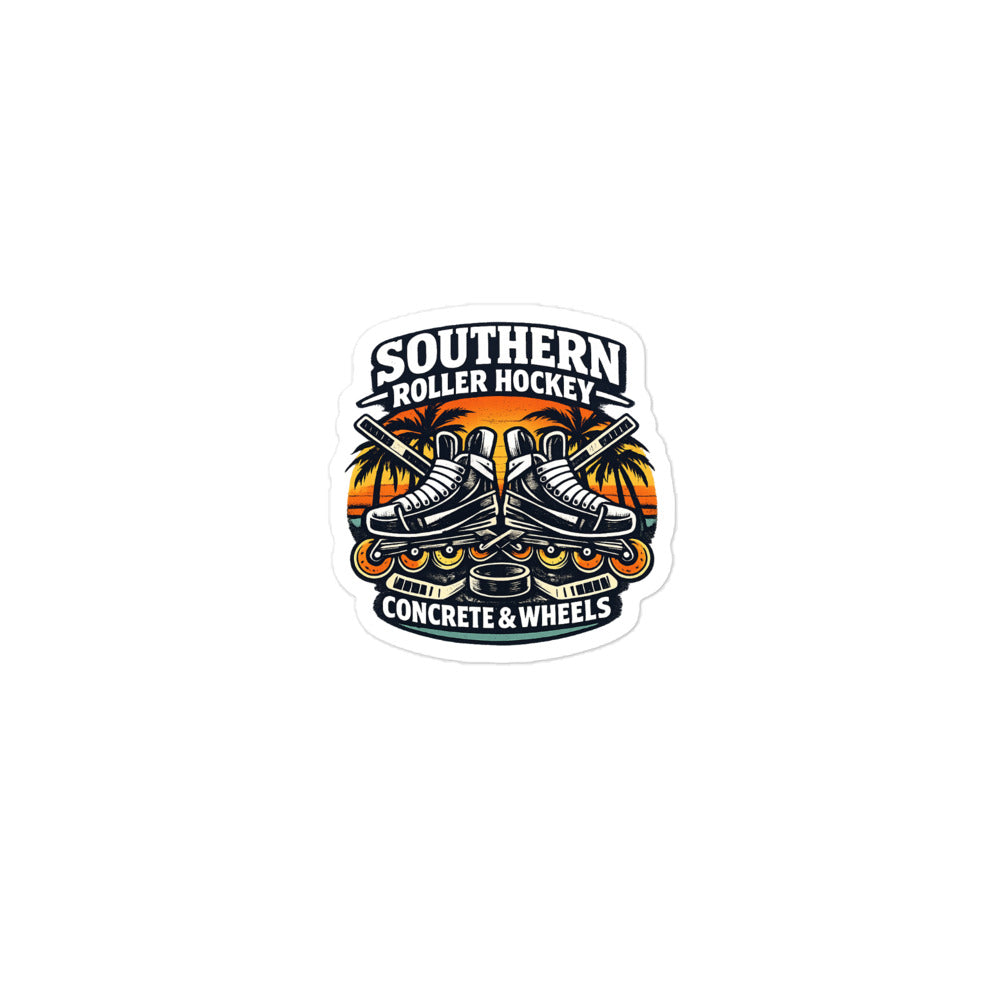 Medium Southern Roller Hockey sticker with inline skates, crossed hockey sticks, a puck, palm trees, and a sunset background reading Concrete & Wheels.