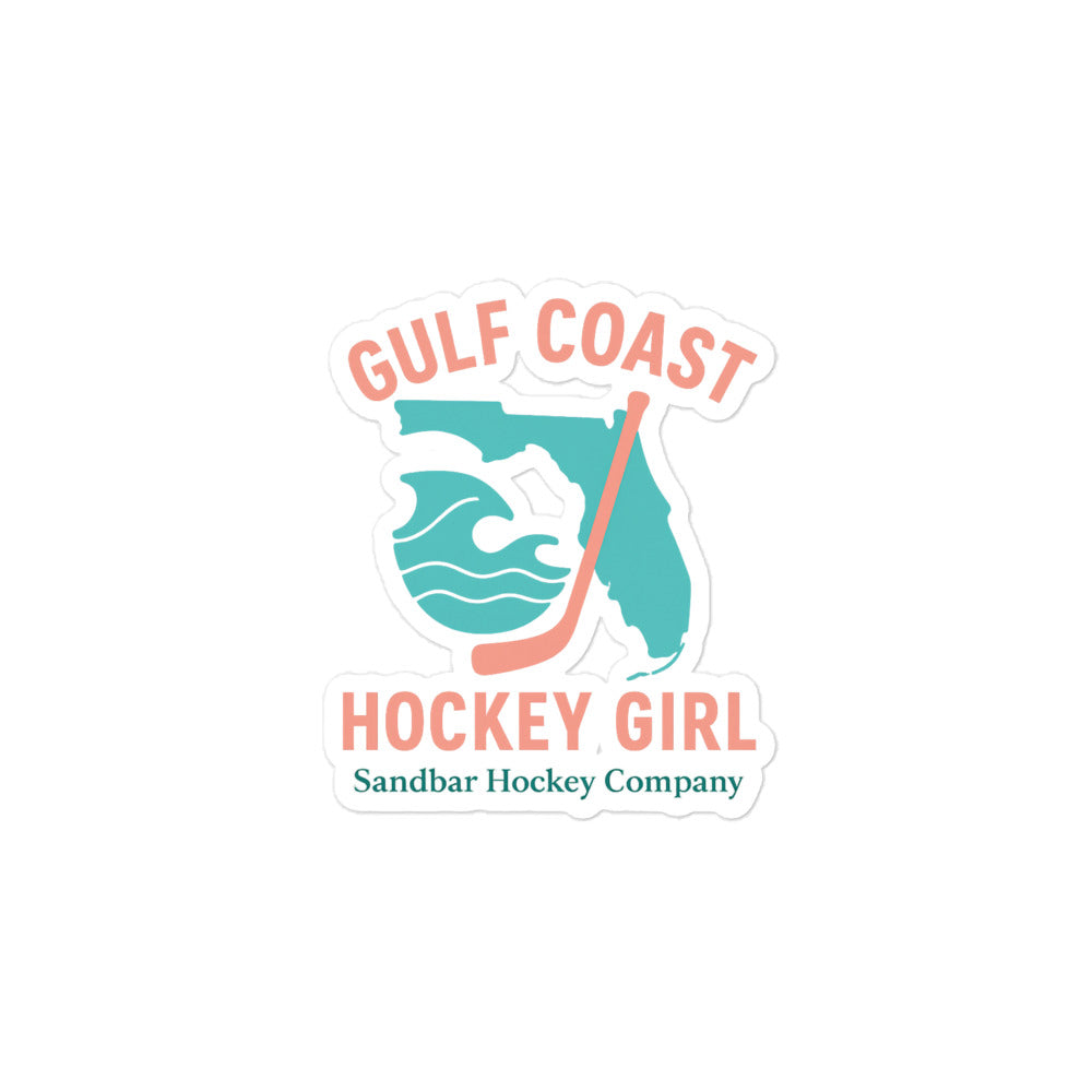 Medium Gulf Coast Hockey Girl sticker by Sandbar Hockey Company featuring a Florida shape, wave graphic, and hockey stick in a coastal hockey design.
