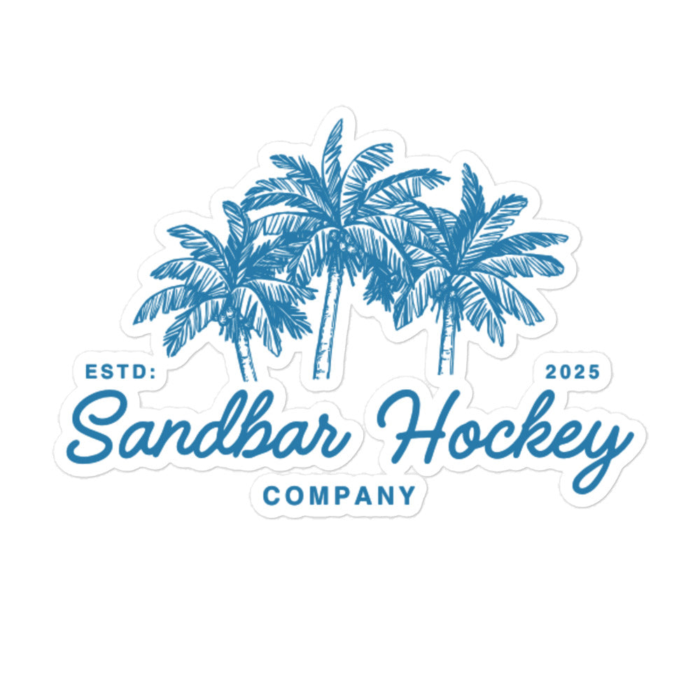 Large Sandbar Hockey Company sticker with blue palm trees, script lettering, and the words Sandbar Hockey Company.