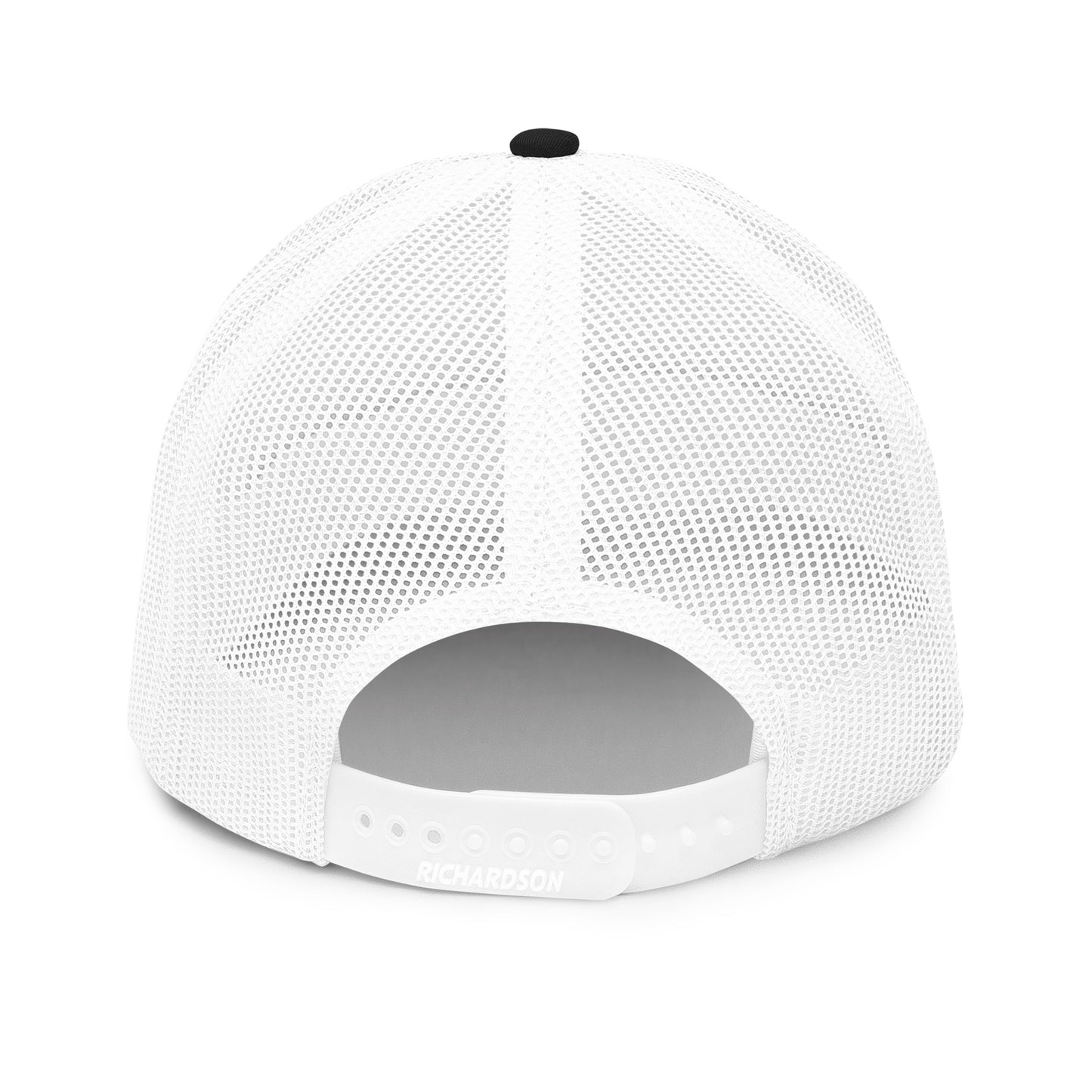White hockey snapback hat back view showing white mesh panels and snapback closure.
