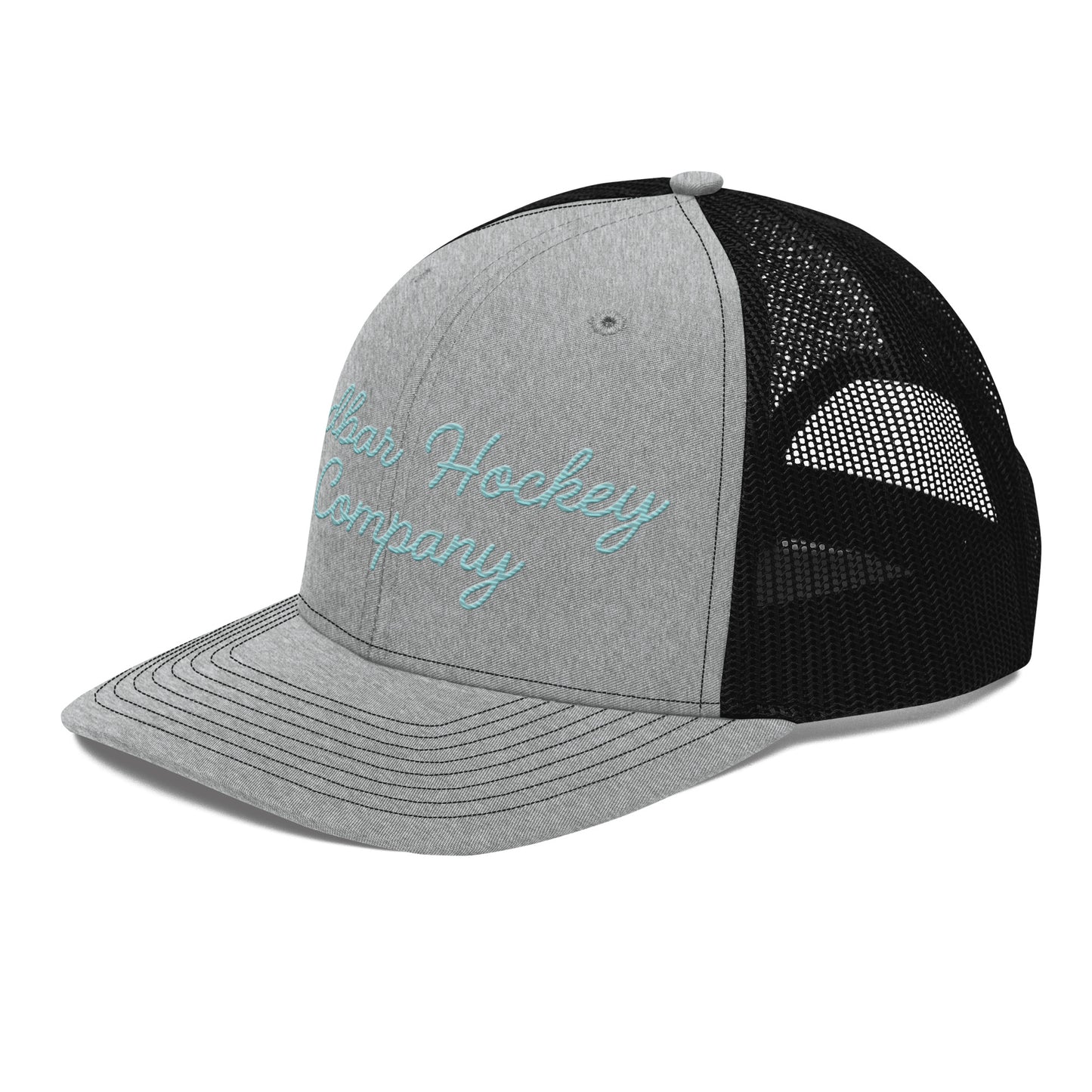 Sandbar Hockey Company light grey and black trucker hat side view