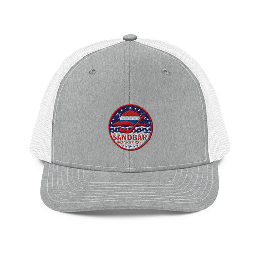 Sandbar Hockey USA embroidered mesh snapback hat grey white front view