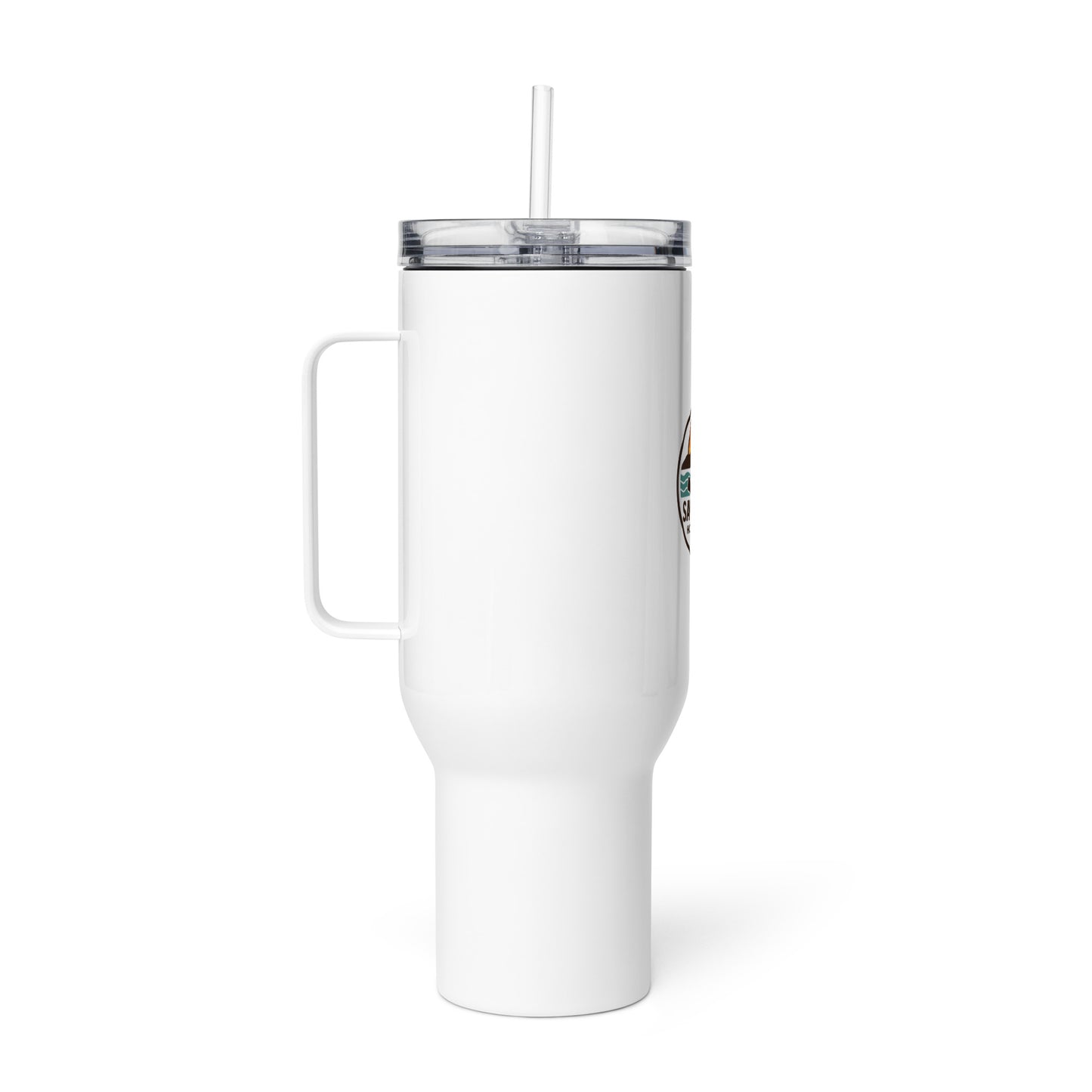 White hockey travel mug angled side view with handle and clear lid.