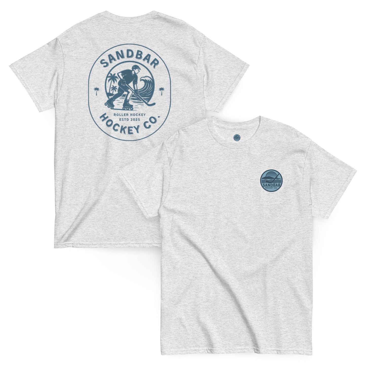 Sandbar Roller Hockey t-shirt white front and back view