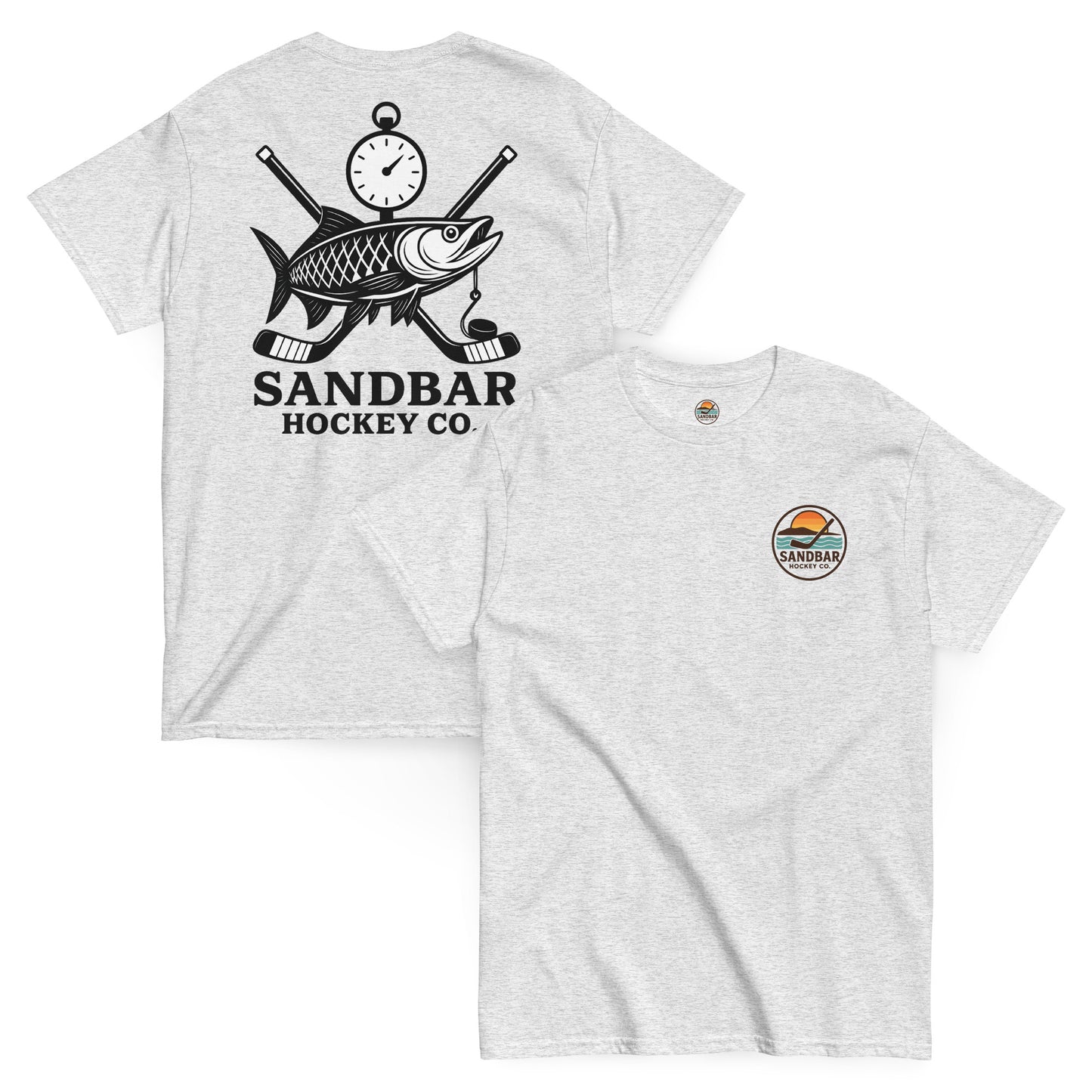 Sandbar Hockey Fishing Edition white t-shirt front and back view with fish, crossed hockey sticks, and stopwatch graphic