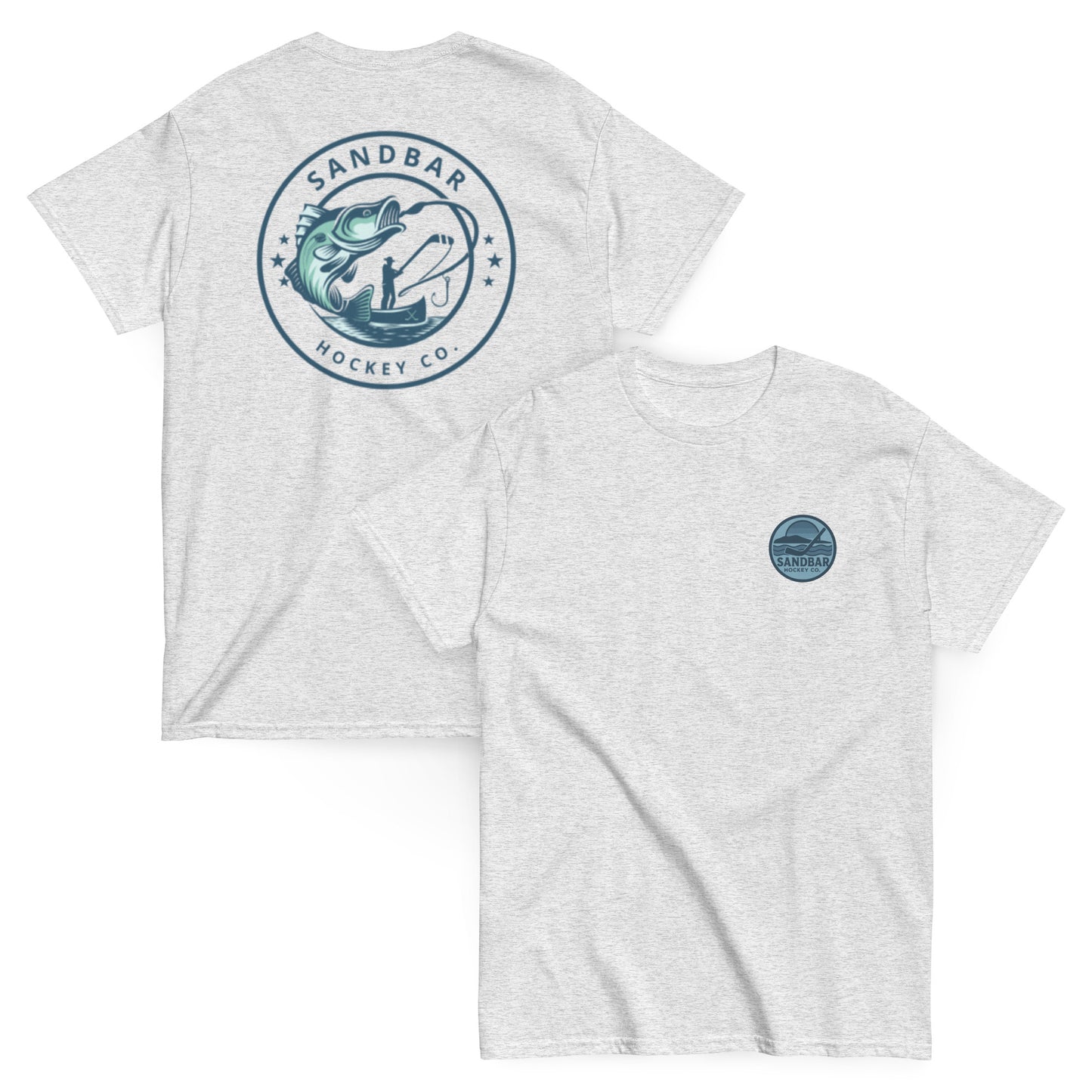 White hockey t-shirt front and back combo view with small circular Sandbar Hockey Co. sunset, water, island, and hockey stick chest logo and large bass fishing back graphic with jumping fish, boat, and fisherman holding hockey stick silhouette
