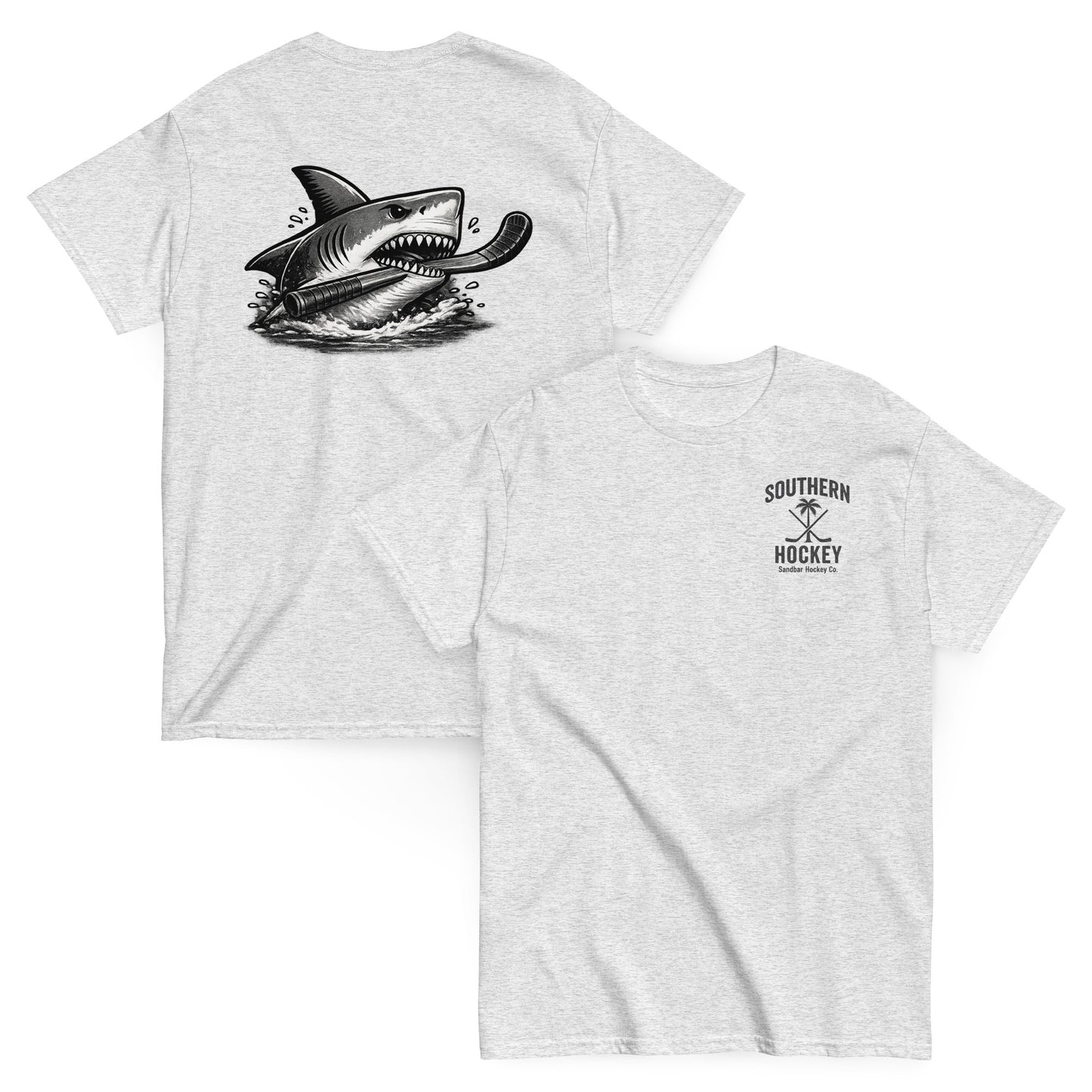 Ash Southern Hockey Sandbar Hockey Co. T-shirt with black shark hockey graphic on the back and small Southern Hockey chest logo on the front