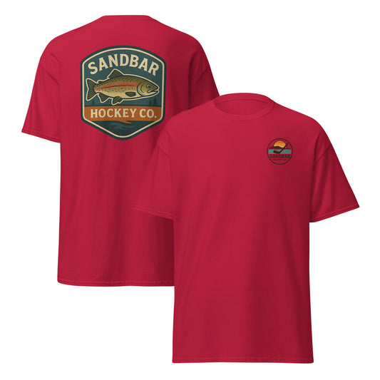 Red hockey t-shirt front and back combo view with trout badge back graphic and small circular Sandbar Hockey Co. sunset, water, island, and hockey stick chest logo