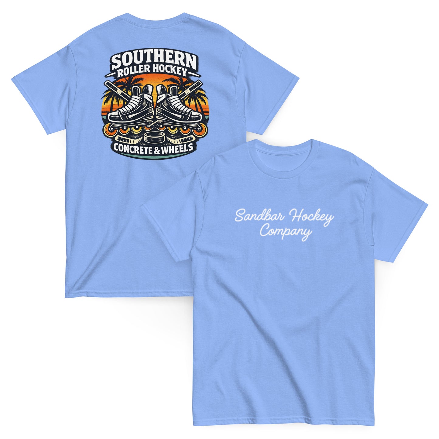 Carolina blue southern roller hockey t-shirt showing back graphic with crossed roller skates, hockey sticks, puck, palm trees, and front chest Sandbar Hockey Company script.