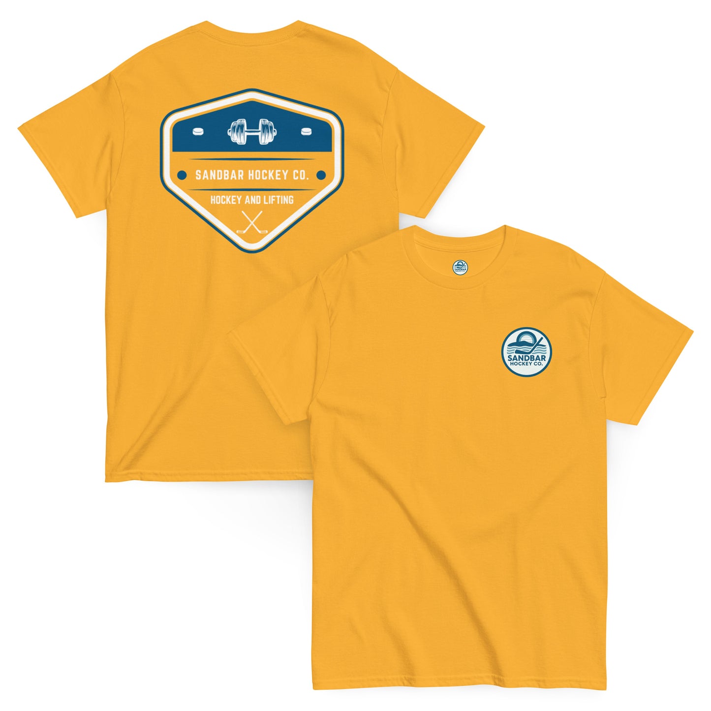 Sandbar Hockey athletic t-shirt mustard front and back view