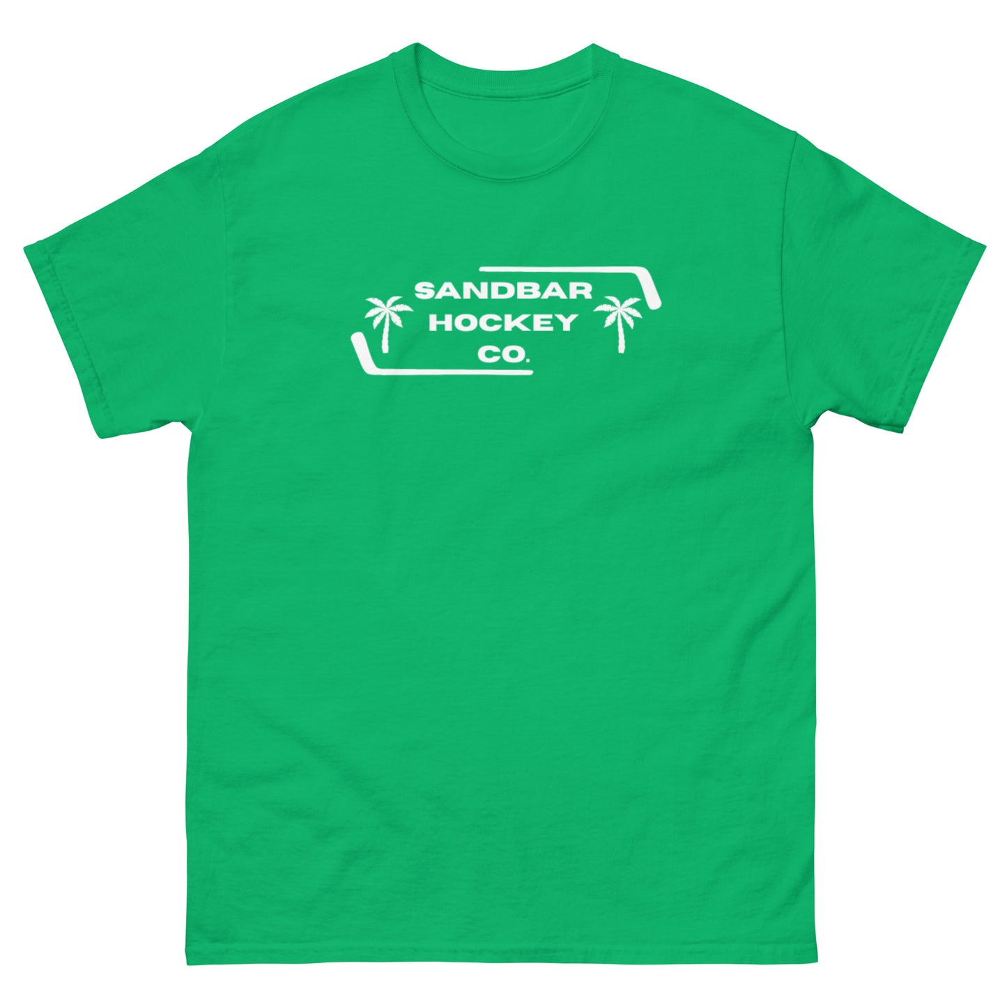 Green Palm Frame T-Shirt with white Sandbar Hockey Co. palm frame front logo