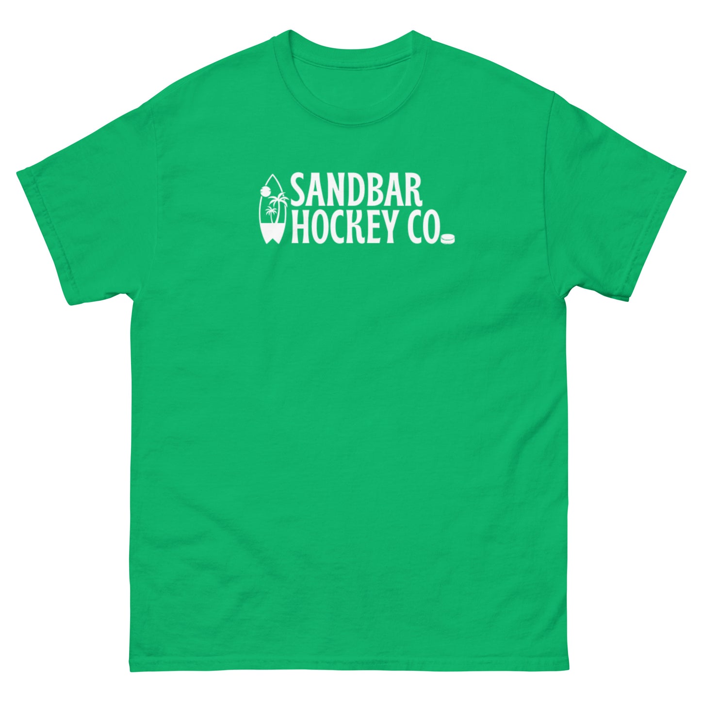 Bright green Surf Stick T-Shirt with white Sandbar Hockey Co. surfboard front logo