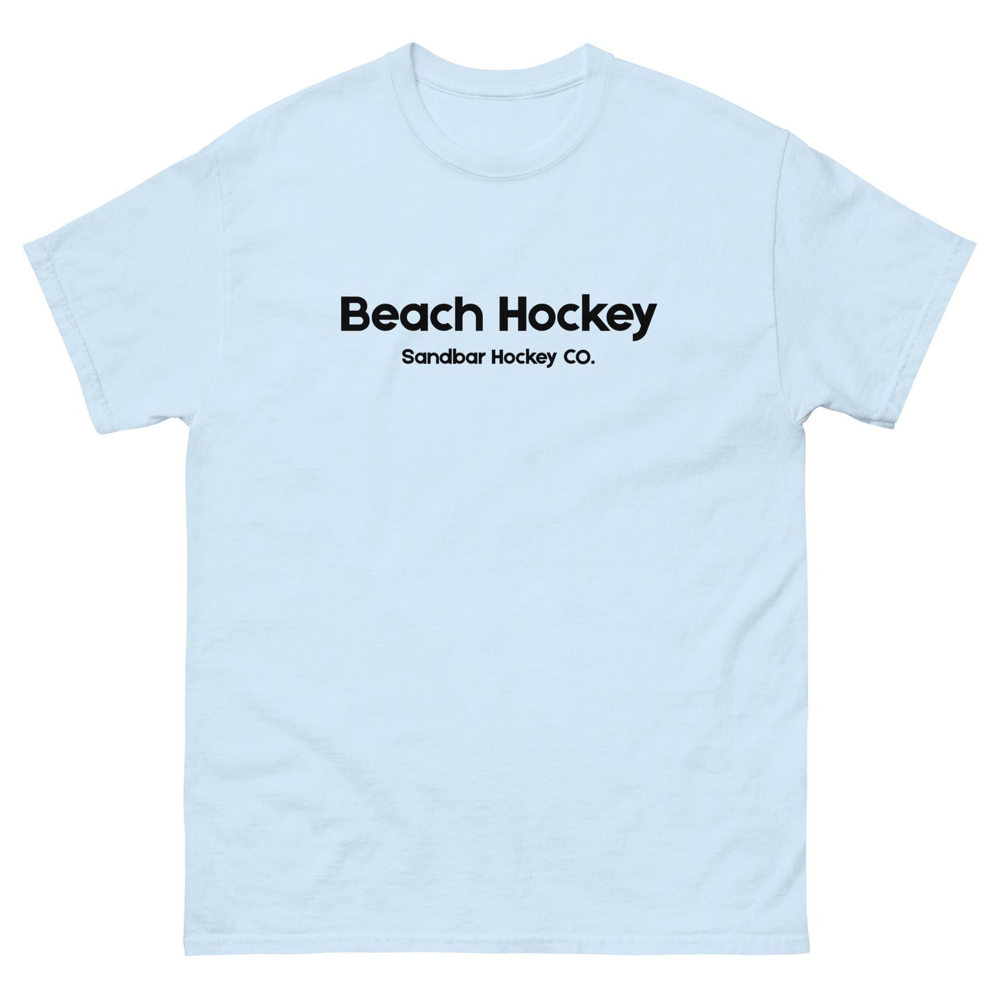 Carolina blue beach hockey t-shirt front view with Beach Hockey Sandbar Hockey Co. text on the chest.