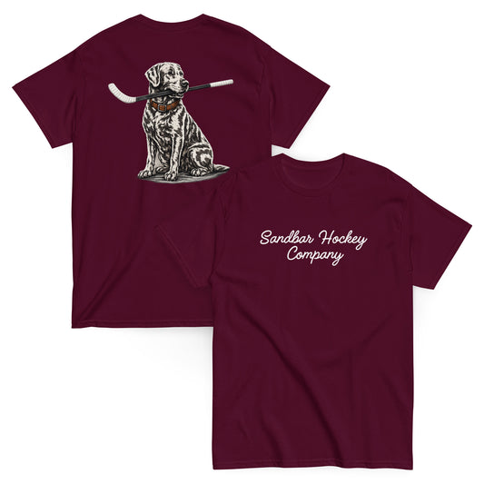 Maroon hockey t-shirt shown with both sides, featuring the dog-with-hockey-stick back graphic and the white Sandbar Hockey Company script logo on the front chest.