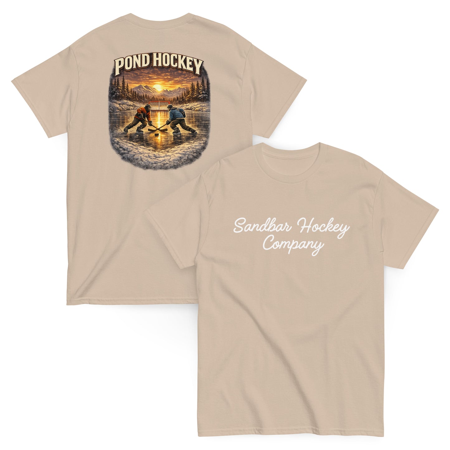 Sand short-sleeve T-shirt mockup showing front and back views. The back features a vintage-style pond hockey graphic with two players on a frozen pond at sunset, pine trees, mountains, and the words “POND HOCKEY” above. The front has “Sandbar Hockey Company” in white script across the chest.